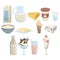 Set of milk products. Collection of dairy products. Food products from milk. Cartoon illustration for children. List for