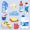 Set of milk products, dairy produce in colorful package icon