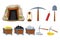 Set mine tools, equipment in cartoon style isolated on white background. Wooden cart with gold, silver, coal ore, tunnel