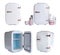 Set with mini refrigerators for cosmetics on white background