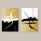 Set of minimalistic elegant wall decor posters. Black, white and gold strokes and spots with grunge texture.