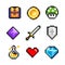 Set of minimalistic pixel art vector objects isolated. Sword, coin, potion, heart.