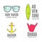 Set of minimalistic surfing logo concepts. Summer Thin line flat tropical design. Surfer gear badges - glasses, anchor