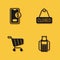 Set Mobile with dollar, POS terminal, Shopping cart and Hanging sign text Closed icon with long shadow. Vector