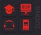 Set Mobile phone, Graduation cap on globe, Online book on monitor and Headphones icon. Vector