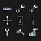 Set Mobile service, Hammer, Screwdriver, Adjustable wrench, Wheel, Wrench spanner and Construction bubble level icon