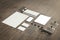Set of mockup elements on the wood table. Mockup business template