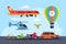 Set mode of transport with car, balloon, motorcycle, plane, helicopter, quadcopter, bicycle or bike.