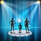 Set of models on a podium with spotlights