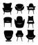 A set of modern armchairs. Black silhouette icon design. Front view chair black icon on white background.