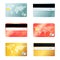 Set of modern credit cards on background, front and back views