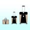 A set of modern handbag and two suitcases for luggage on wheels on a light blue background. Vector flat design.