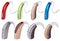 Set of modern hearing aids on white background isolated, alternative to surgery