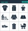 Set of modern icons. Baby items clothes, jacket, sweater, shirt, shoes, stroller, playground. Black signs