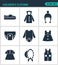 Set of modern icons. Children s clothing shoes, jacket, raglan, cap, diapers, clothes, hat, pants. Black signs