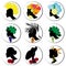Set of modern icons for design- abstract black silhouette of a female head with fruit hairstyle and banana, grape, cherry, lemon,