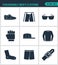 Set of modern icons. Fashionable men s clothing Sneakers shorts, glasses, gloves, cap, sweater, socks, pants, belt Black