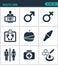 Set of modern icons. Health Care rengen woman, Man, weight, apple, joints, first aid kit, laboratory. Black signs
