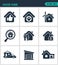 Set of modern icons. House home selling home, shelter animal, power, search, seed agent, motor home, garage, car Black