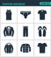 Set of modern icons. Shopping menswear T-shirt, skirts, pants, sneakers, leather jacket, shirt, jacket. Black signs