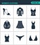 Set of modern icons. Women s clothing shoes, coat, jacket, coat, skirt, dress, t-shirt, swimming trunks, brassiere Black