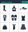 Set of modern icons. Women s clothing shoes, fartuh, hat, robe, slippers, T-shirt. purse, dress, skirt. Black signs