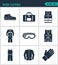 Set of modern icons. Work clothes shoes, bag, vest, working, suit, protective glasses, sweater, gloves. Black signs
