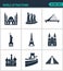 Set of modern icons. World attractions Mosque, rapa nui, Bridge, Statue Liberty, Eiffel Tower, Church, Wall, Pyramid. Black