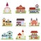 Set with modern nice private houses and church buildings of different shapes and colors