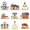 Set with modern nice private houses and church buildings of different shapes and colors