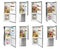 Set of modern refrigerators with food on white