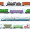 Set of modern and retro railway transport, locomotives, speed passengers trains, wagons flat isolated on white vector