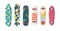 Set of Modern Teenager Skateboards with Graphic Prints Bottom View Isolated on White Background. Urban Culture for Teens