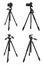 Set of modern tripods with professional cameras on white background