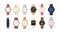 Set of modern and vintage wristwatches. Fashion design of wrist watches with silver, gold and leather straps. Men and