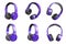 Set of modern violet headphones on white