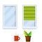 Set of modern Windows with white frame. Blue glass and green curtains and green potted flower