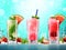 Set of mojitos. Strawberry mojito, watermelon mojito and traditional mojito assortment. Mocktail or coctail with berries and mint