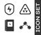 Set Molecule, Secure shield with lightning, Electrical panel and Triangle with radiation icon. Vector