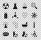 Set Molecule, Test tube and flask, Bacteria, Alcohol or spirit burner, Radioactive and Chemical formula icon. Vector