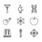 Set Molecule, Test tube, Processor CPU, Apple, Genetically modified apple, DNA symbol and Funnel filter icon. Vector