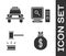 Set Money bag, Police car and flasher, Judge gavel and Search on computer screen icon. Vector