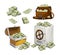 Set of money banknotes for games, posters, banners etc. Game money. Chest, bag and safe full of bacnknotes