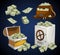 Set of money banknotes for games, posters, banners etc. Game money. Chest, bag and safe full of bacnknotes