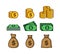 Set of money isolated. Pile of golden coins, dollar banknotes, and money sacks. Dollar currency flat style