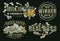 Set of money labels with 100 US dollar bills, gold coins, gears, text, quotes