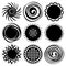 Set of monochrome different black suns isolated on white background