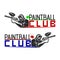 Set of monochrome paintball logos, emblems and icons. Indoor and outdoor paintball club elements. Shooting man with gun