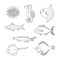 Set of monochrome vector doodle fishes and sea dwellers isolated on white background