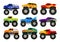 Set of monster trucks. Heavy cars with large tires and black tinted windows. Flat vector for advertising poster